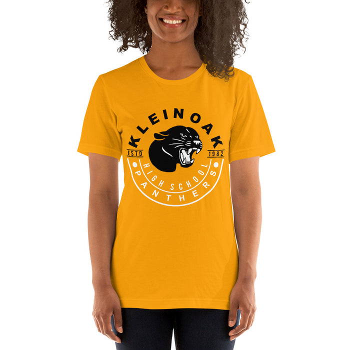 Woman wearing a Klein Oak High School Panthers Premium Gold Unisex T-shirt 19