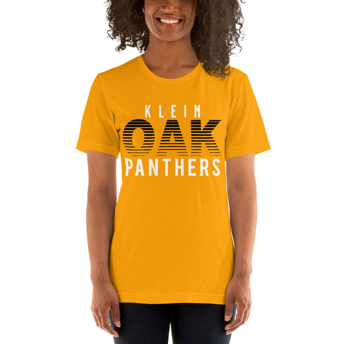 Woman wearing a Klein Oak High School Panthers Premium Gold Unisex T-shirt 24