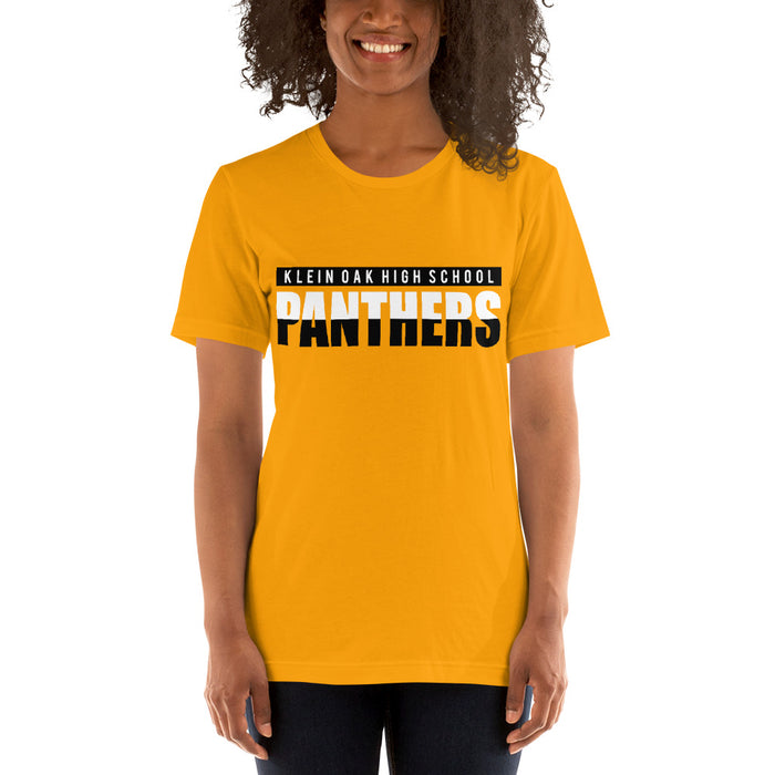 Woman wearing a Klein Oak High School Panthers Premium Gold Unisex T-shirt 25