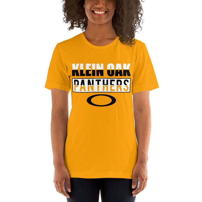 Woman wearing a Klein Oak High School Panthers Premium Gold Unisex T-shirt 31