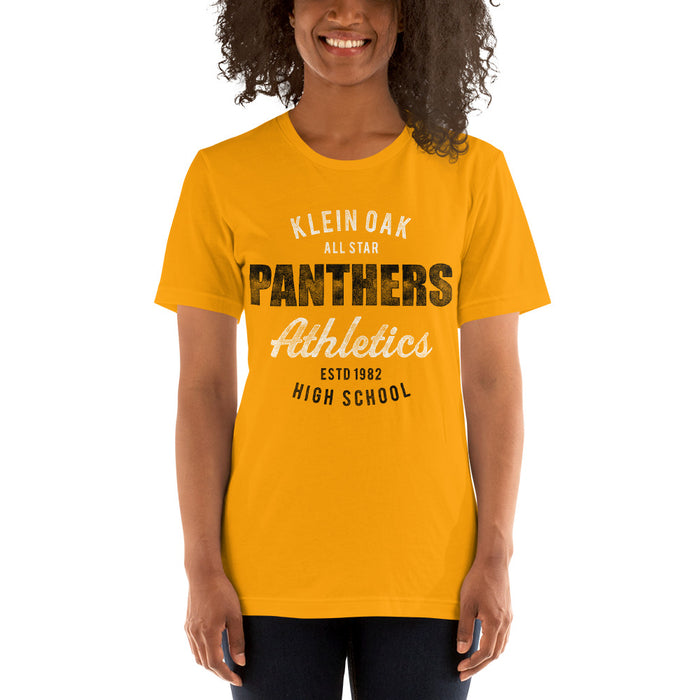 Woman wearing a Klein Oak High School Panthers Premium Gold Unisex T-shirt 34