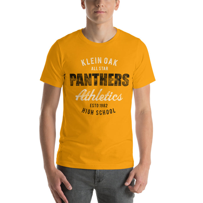 Man wearing a Klein Oak High School Panthers Premium Gold Unisex T-shirt 34