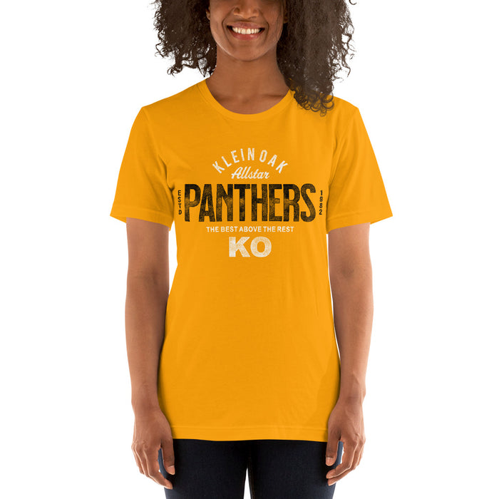 Woman wearing a Klein Oak High School Panthers Premium Gold Unisex T-shirt 40