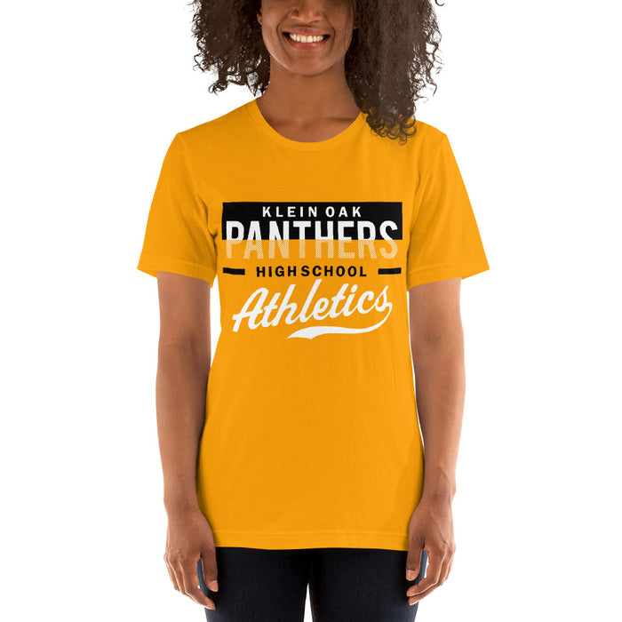 Woman wearing a Klein Oak High School Panthers Premium Gold Unisex T-shirt 48