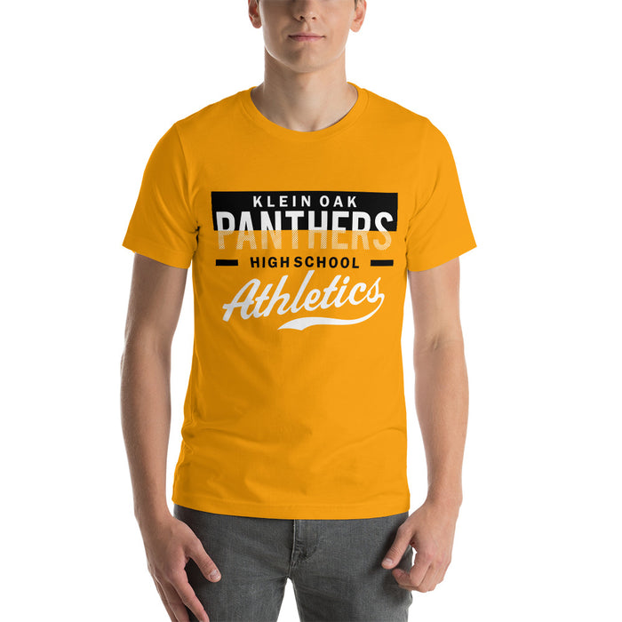 Man wearing a Klein Oak High School Panthers Premium Gold Unisex T-shirt 48