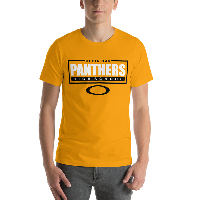 Man wearing Klein Oak High School Panthers Premium Gold Unisex T-shirt 49