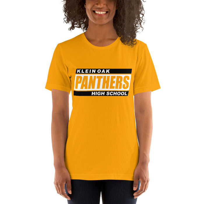 Woman wearing a Klein Oak High School Panthers Premium Gold Unisex T-shirt 72