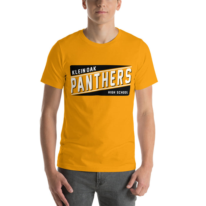 Man wearing a Klein Oak High School Panthers Premium Gold Unisex T-shirt 84