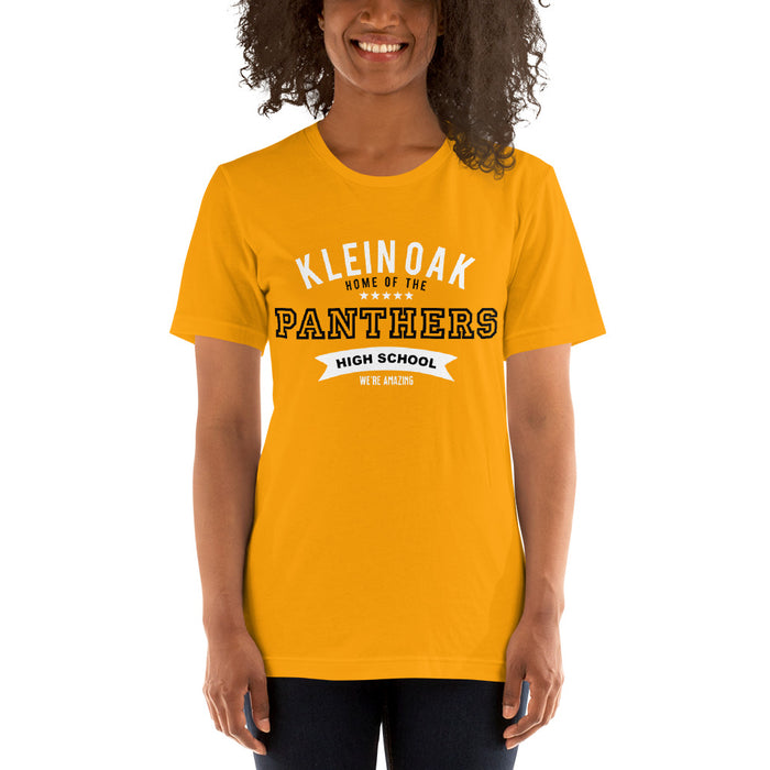 Woman wearing a Klein Oak High School Panthers Premium Gold Unisex T-shirt 96