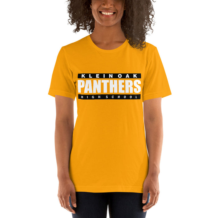 Woman wearing a Klein Oak High School Panthers Premium Gold Unisex T-shirt 98