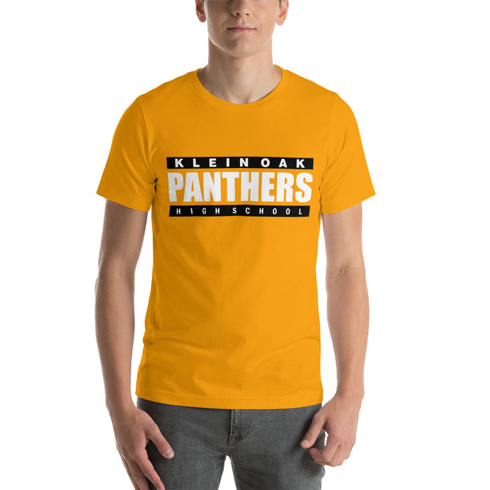 Man wearing a Klein Oak High School Panthers Premium Gold Unisex T-shirt 98