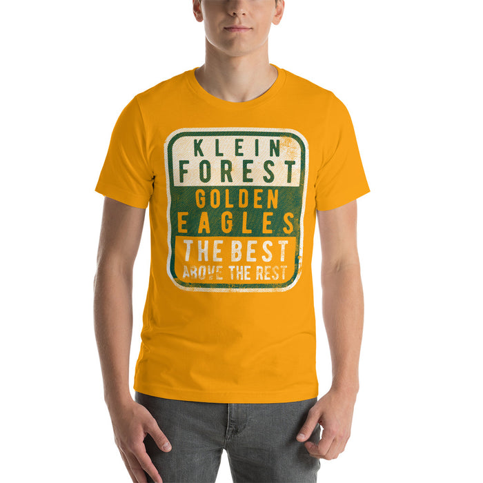 Man wearing a Klein Forest High School Premium Gold Unisex T-shirt 01