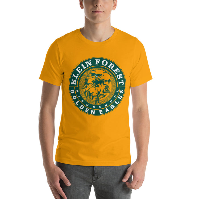 Man wearing a Klein Forest High School Premium Gold Unisex T-shirt 02