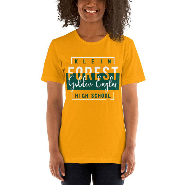 Woman wearing a Klein Forest High School Premium Gold Unisex T-shirt 05