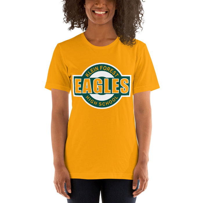 Woman wearing a Klein Forest High School Premium Gold Unisex T-shirt 11