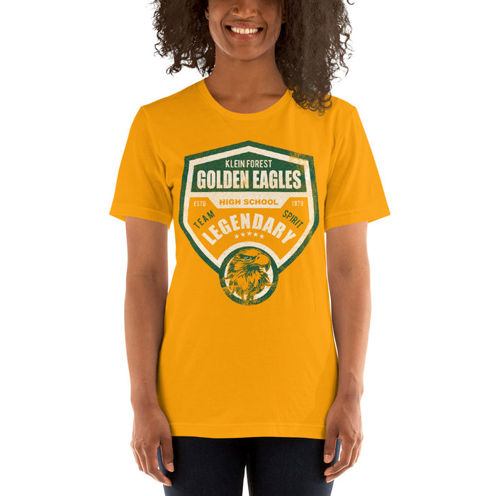 Woman wearing a Klein Forest High School Premium Gold Unisex T-shirt 14