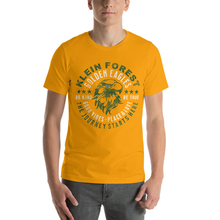 Man wearing a Klein Forest High School Premium Gold Unisex T-shirt 16