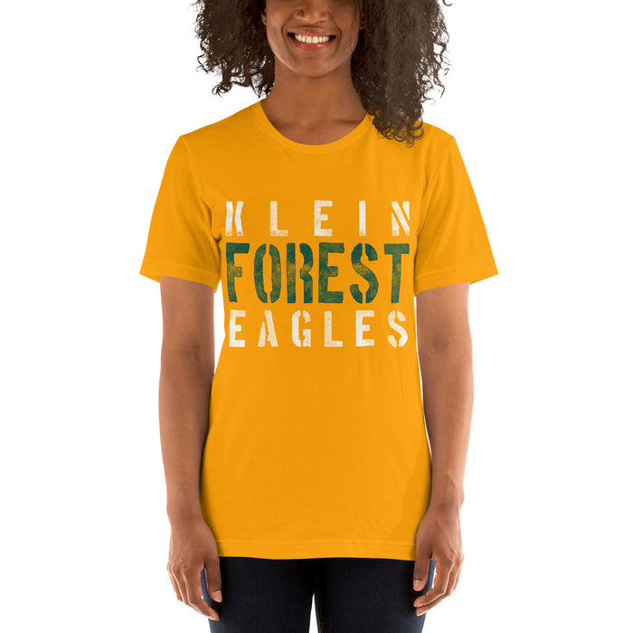 Woman wearing a Klein Forest High School Premium Gold Unisex T-shirt 17