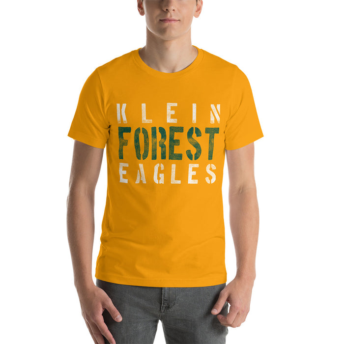 Man wearing a Klein Forest High School Premium Gold Unisex T-shirt 17