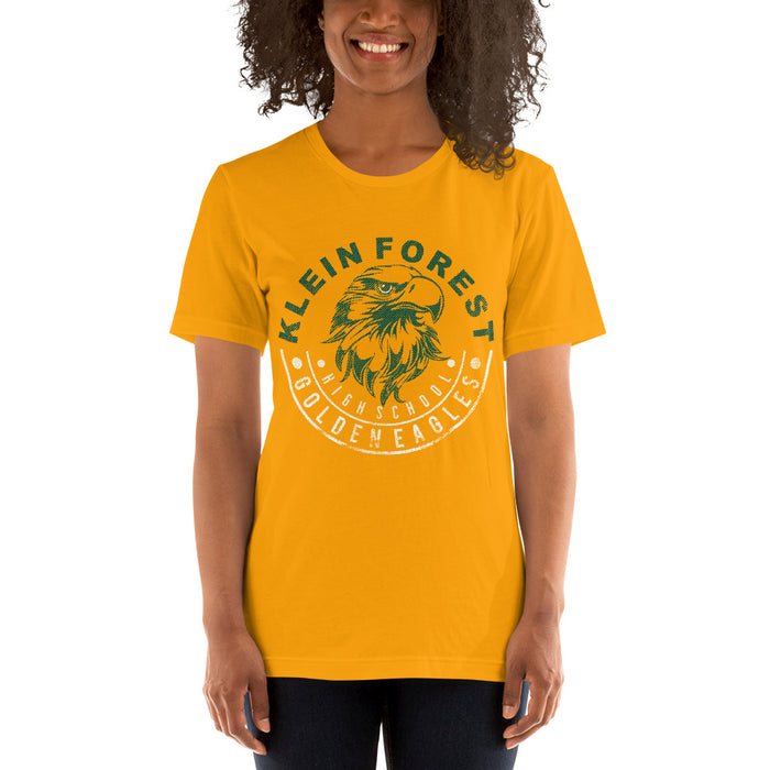 Woman wearing a Klein Forest High School Premium Gold Unisex T-shirt 19