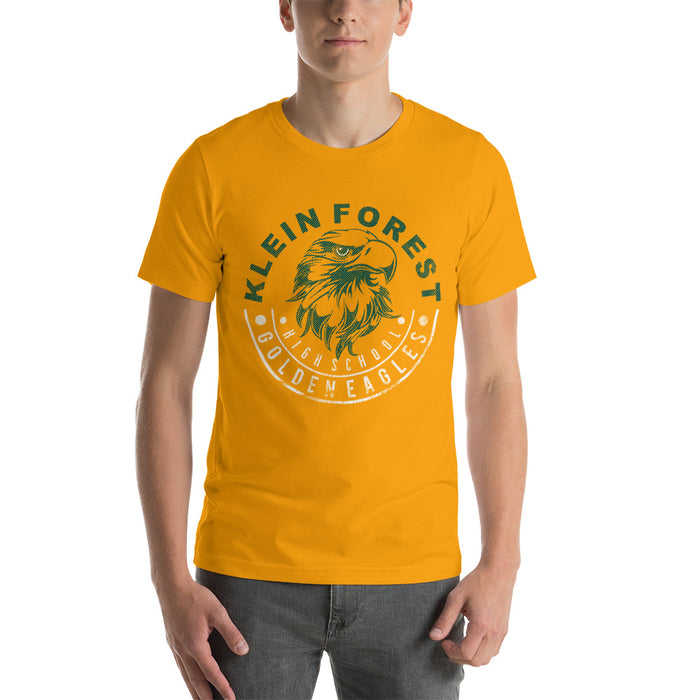 Man wearing a Klein Forest High School Premium Gold Unisex T-shirt 19