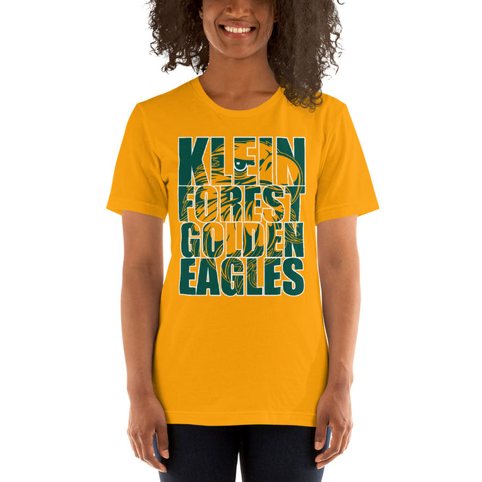 Woman wearing a Klein Forest High School Premium Gold Unisex T-shirt 20