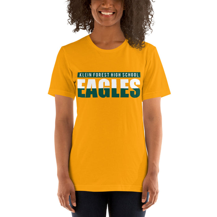 Woman wearing a Klein Forest High School Premium Gold Unisex T-shirt 25