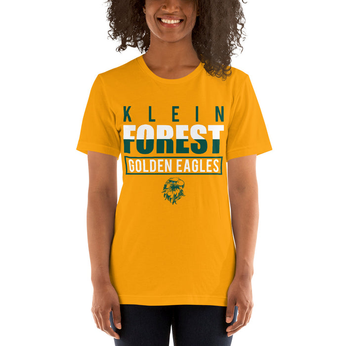 Woman wearing a Klein Forest High School Premium Gold Unisex T-shirt 29