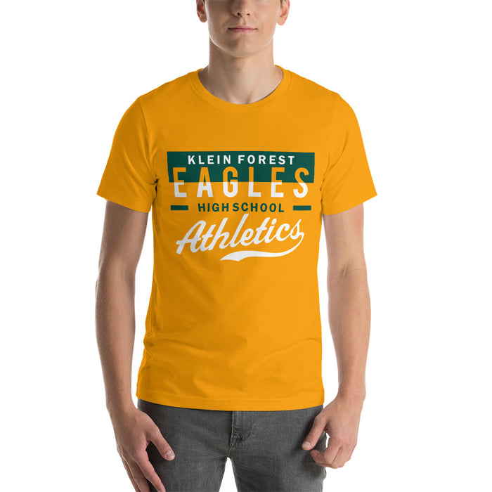 Man wearing a Klein Forest High School Premium Gold Unisex T-shirt 48