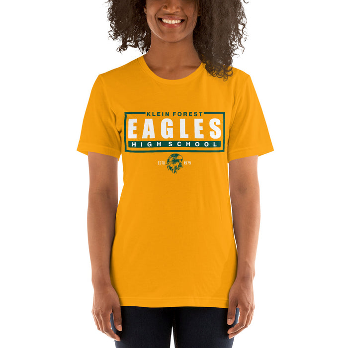 Woman wearing a Klein Forest High School Premium Gold Unisex T-shirt 49