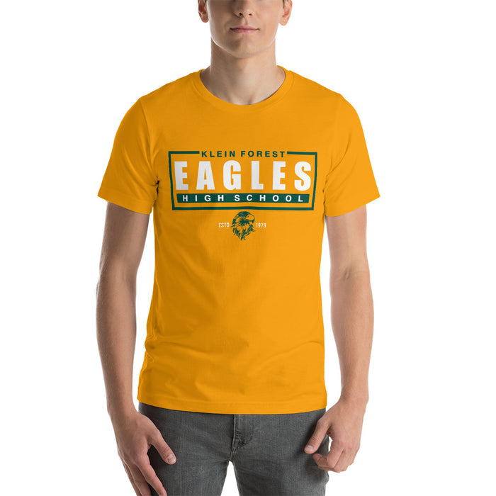 Man wearing a Klein Forest High School Premium Gold Unisex T-shirt 49