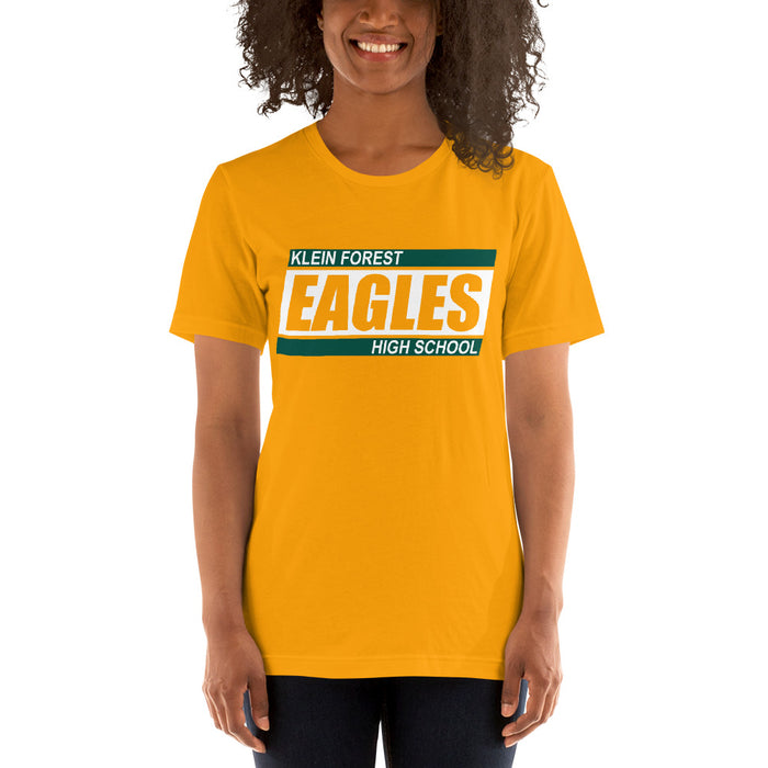 Woman wearing a Klein Forest High School Premium Gold Unisex T-shirt 72