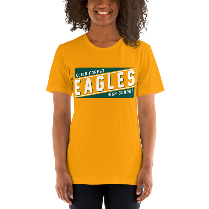 Woman wearing a Klein Forest High School Premium Gold Unisex T-shirt 84