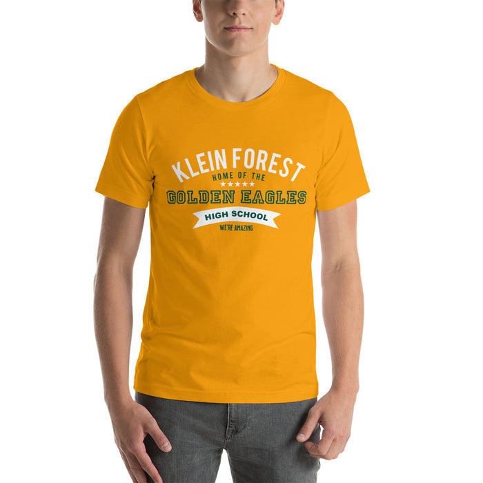 Man wearing a Klein Forest High School Premium Gold Unisex T-shirt 96