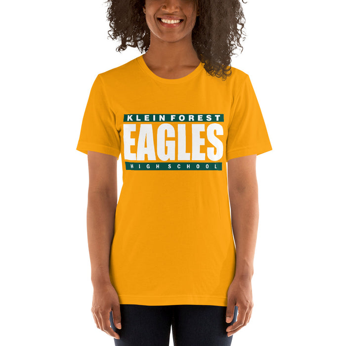 Woman wearing a Klein Forest High School Premium Gold Unisex T-shirt 98