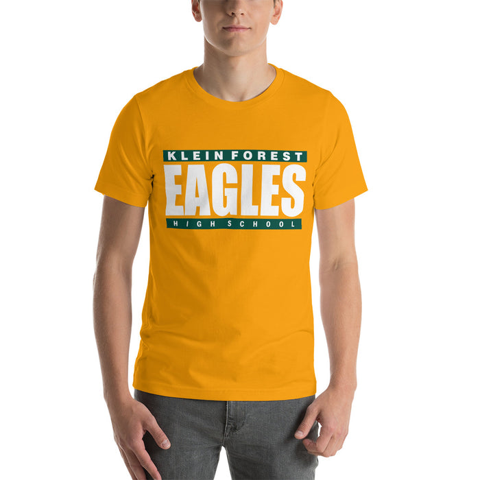 Man wearing a Klein Forest High School Premium Gold Unisex T-shirt 98