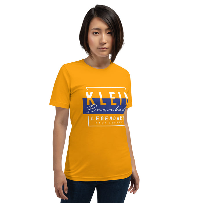 Woman wearing a Klein High School Bearkats Premium Gold Unisex T-shirt 05