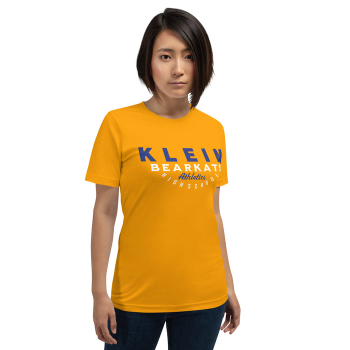 Woman wearing a Klein High School Bearkats Premium Gold Unisex T-shirt 12