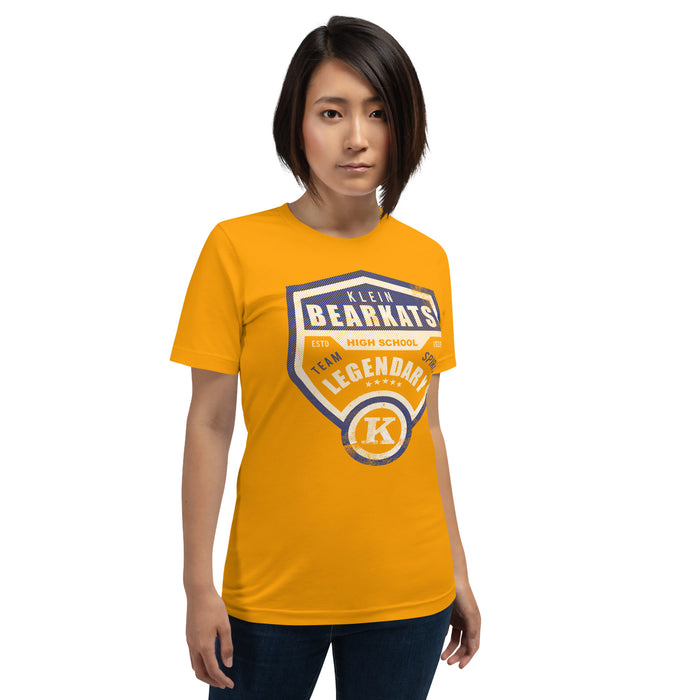 Woman wearing a Klein High School Bearkats Premium Gold Unisex T-shirt 14