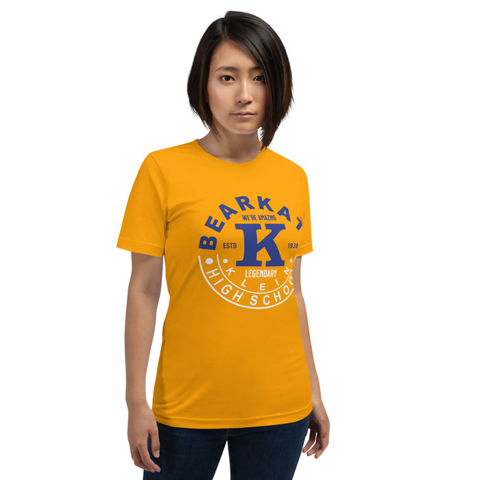 Woman wearing a Klein High School Bearkats Premium Gold Unisex T-shirt 19