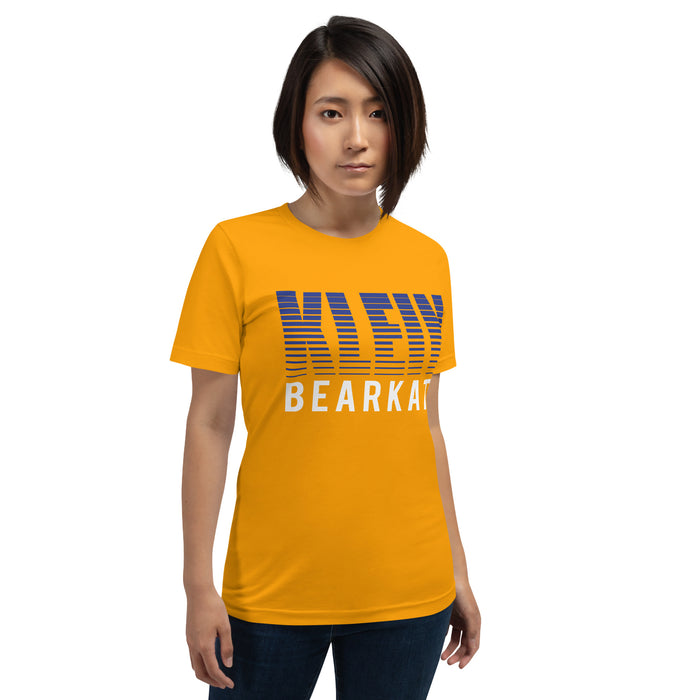 Woman wearing a Klein High School Bearkats Premium Gold Unisex T-shirt 24