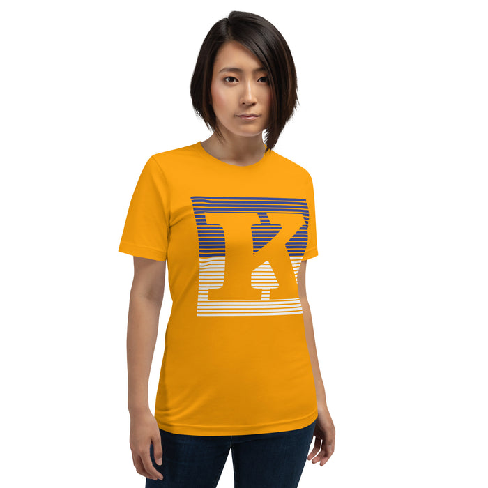 Woman wearing a Klein High School Bearkats Premium Gold Unisex T-shirt 27