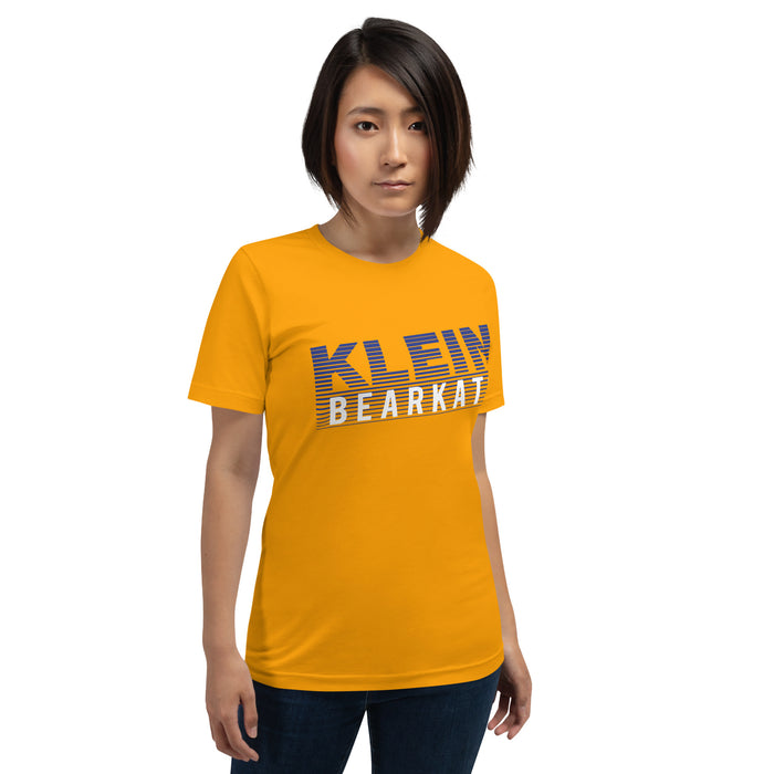 Woman wearing a Klein High School Bearkats Premium Gold Unisex T-shirt 32