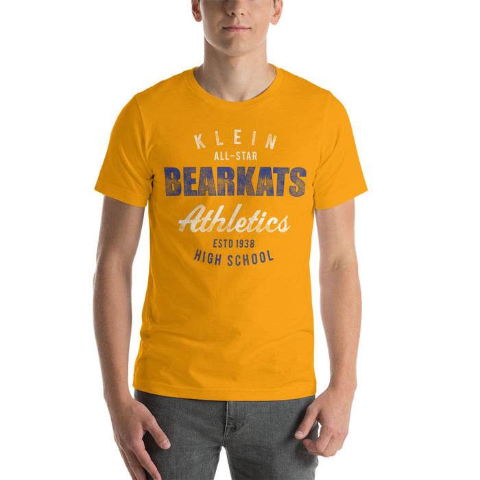 Man wearing a Klein High School Bearkats Premium Gold Unisex T-shirt 34