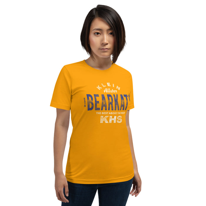 Woman wearing a Klein High School Bearkats Premium Gold Unisex T-shirt 40