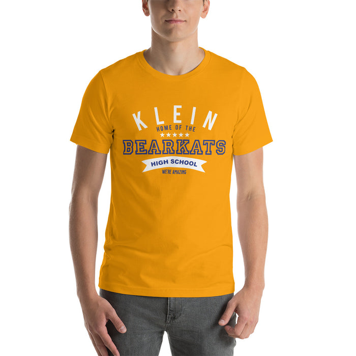 Man wearing a Klein High School Bearkats Premium Gold Unisex T-shirt 96