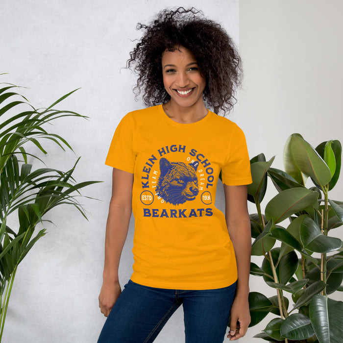 Woman wearing a Klein High School Bearkats Premium Gold Unisex T-shirt 208