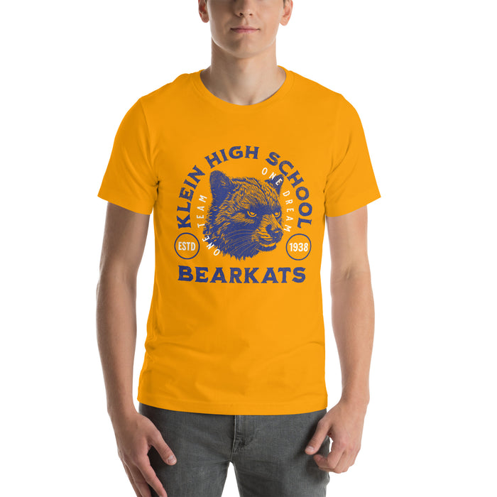 Man wearing a Klein High School Bearkats Premium Gold Unisex T-shirt 208