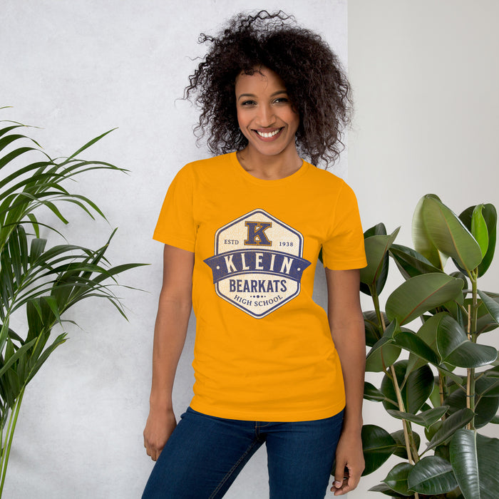 Woman wearing a Klein High School Bearkats Premium Gold Unisex T-shirt 215