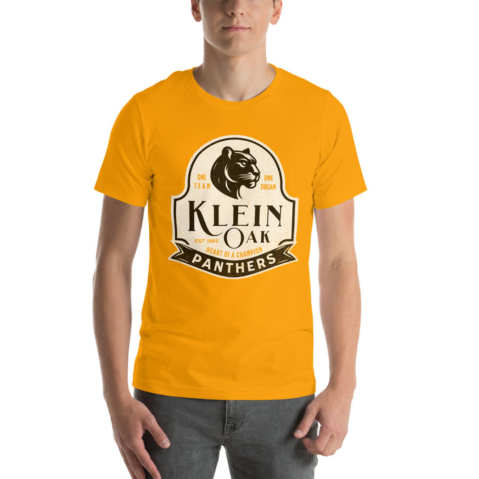 Man wearing a Klein Oak High School Panthers Premium Gold Unisex T-shirt 202